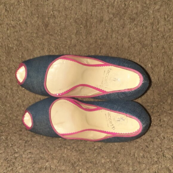TACCETTI-Denim & Pink Patent-Peep Toe-Stiletto/Slim-Platform-Sz 37.5-Excellent - Picture 7 of 8